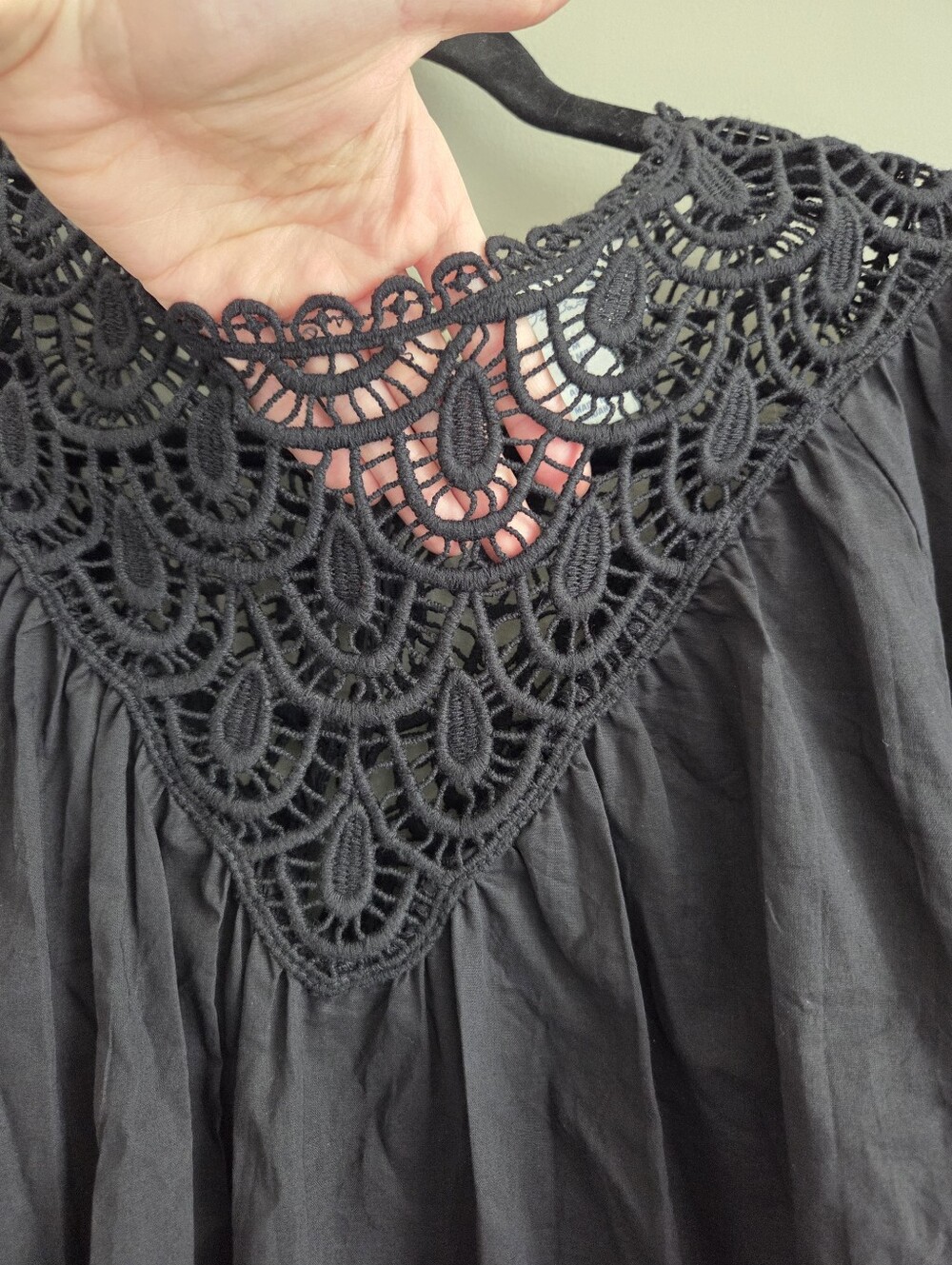 Calypso St. Barth 100% Cotton Crochet Yoke Short Puff Sleeve Blouse Black Size M - Picture 4 of 8